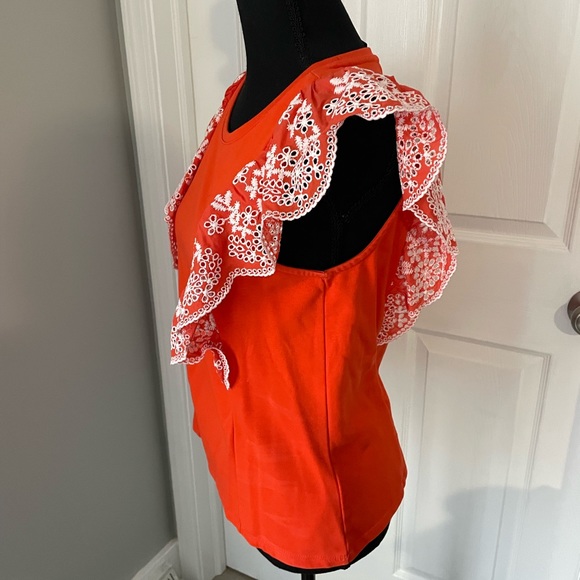 Anthropologie orange/ white embroidered ruffle sleeveless top in S - Picture 3 of 7